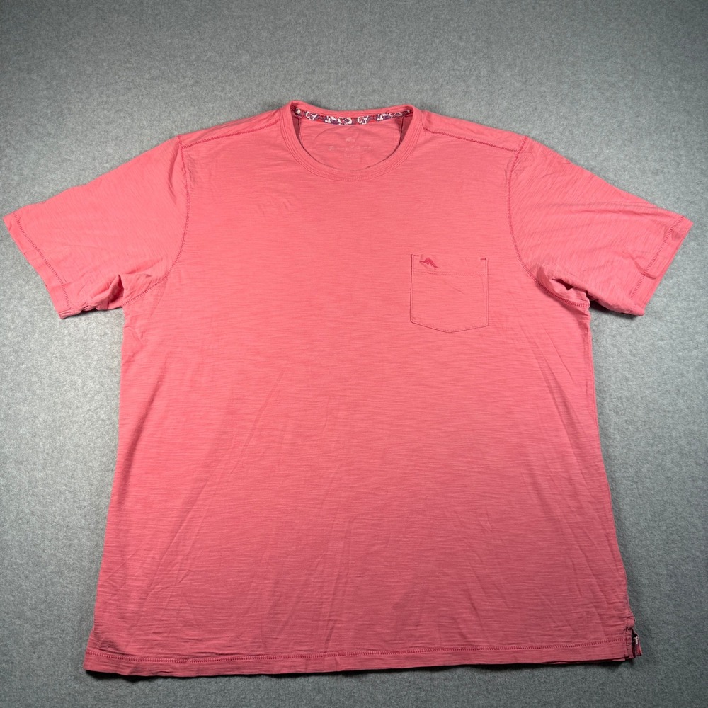Tommy Bahama Men's XL Slub Pocket Tee – Coral Pink – Floral Trim – Marlin Logo